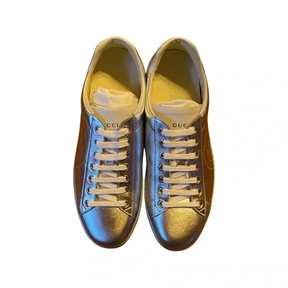 Gucci Nappa Ace Metallic Silver GG Leather Sneaker Size G8.5, US9.5 - Picture 2 of 7
